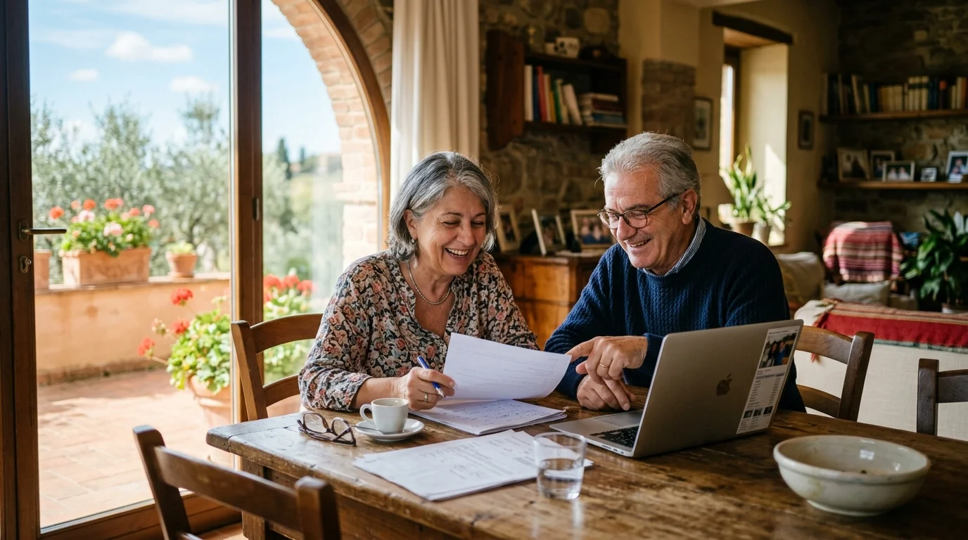 Coppia di pensionati italiani sorridenti mentre consultano dei documenti a casa